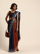 ArtEastri Handloom Navy Colour Block Cotton Kantha Saree