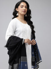 Black Blue Handloom Jamdani Cotton Dupatta with Pompoms