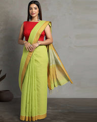 Lime green Golden Jacquard Cotton Saree