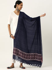 Navy,Red & White Assamese Silk Cotton Dupatta with tassels