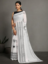 White Black Pure cotton Printed Saree with blouse piece