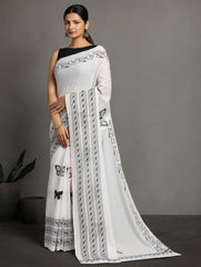 White Black Pure cotton Printed Saree with blouse piece