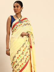 ArtEastri Yellow Red Kantha Stitch Handloom Cotton Saree with Blouse Piece