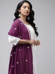 Purple Cotton Handloom Jamdani Dupatta with Pompoms