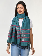 Teal Green White Khesh Kantha Cotton Stole
