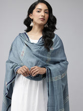 Blue Handloom Jamdani Cotton Dupatta with Pompoms