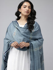 Blue Handloom Jamdani Cotton Dupatta with Pompoms