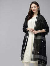 Black & White Handloom Jamdani Cotton Dupatta with Pompoms