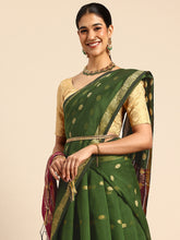 Pista Green & Magenta Zari Buti Silk Cotton Saree with blouse piece