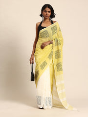 Cream Yellow Handblock print Cotton saree