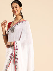 ArtEastri White Linen Kantha Saree with Blouse piece