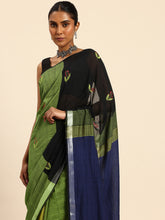 Green & Blue Multi Colourblock Handloom Cotton Kantha Stitch Saree