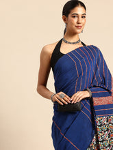 ArtEastri Dark Blue Ajrak Print Khesh Saree with Blouse piece