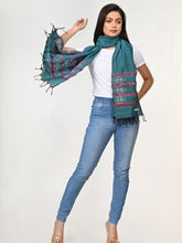 Teal Green White Khesh Kantha Cotton Stole