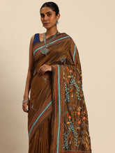 ArtEastri Dark Brown Mocha Art Silk Kantha Stitch Saree with Blouse Piece