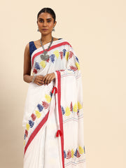 ArtEastri Handloom White Red Kantha Saree with Blouse piece