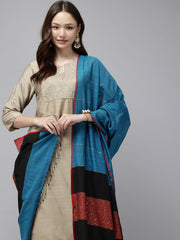 Blue Colourblock Handloom Woven Sequins Cotton Dupatta