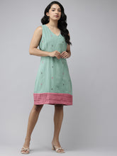 Sea Green Pink Cotton Handloom Dress