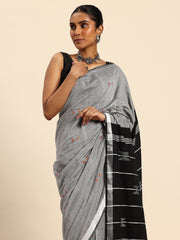 ArtEastri Grey Black Handloom Cotton Kantha Stitch Saree