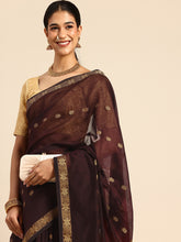 Chocolate Red Zari Buti Silk Cotton Saree with blouse piece