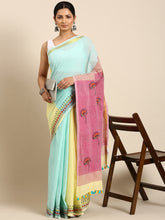 Blue Pink Pure Cotton Kantha Stitch saree
