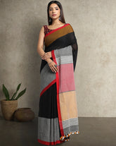 Handloom Colour block Cotton Saree with pompoms