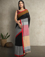 Handloom Colour block Cotton Saree with pompoms