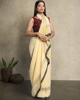 Yellow Cream Colour Block Cotton Saree with pompoms