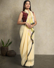 Yellow Cream Colour Block Cotton Saree with pompoms