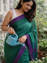 Green Purple Striped Cotton Saree