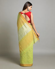 Lime green Golden Jacquard Cotton Saree