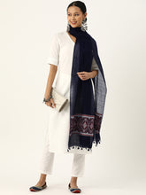 Navy,Red & White Assamese Silk Cotton Dupatta with tassels