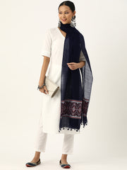 Navy,Red & White Assamese Silk Cotton Dupatta with tassels