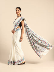 ArtEastri Handloom White Silk Kantha Saree with Blouse piece