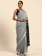 ArtEastri Grey Black Handloom Cotton Kantha Stitch Saree