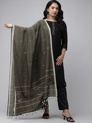 Grey Cotton Handloom Jamdani Dupatta with Pompoms