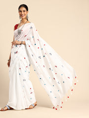 White Floral Cotton Saree with Blouse Piece