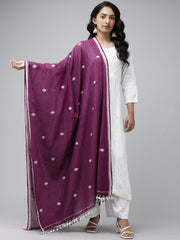 Purple Cotton Handloom Jamdani Dupatta with Pompoms