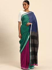 ArtEastri Green, Magenta & Blue Handloom Cotton Sequins Saree