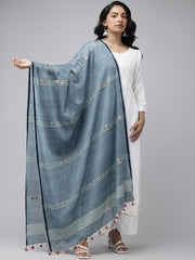 Blue Handloom Jamdani Cotton Dupatta with Pompoms