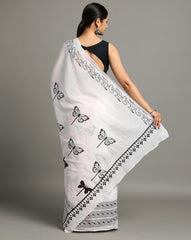 White Black Pure cotton Printed Saree with blouse piece