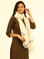 Elegant White Striped Jamdani Wool Stole