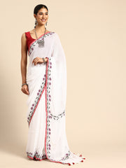 ArtEastri White Linen Kantha Saree with Blouse piece