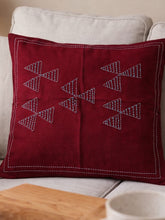 Maroon Blue Kantha Cotton Cushion Cover- 16x16 inch