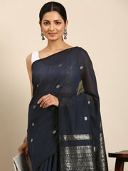 Navy Blue Silver Zari Silk Cotton Saree