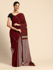 ArtEastri Maroon Red Ajrak Print Khesh Cotton Saree with Blouse piece