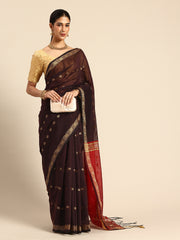 Chocolate Red Zari Buti Silk Cotton Saree with blouse piece
