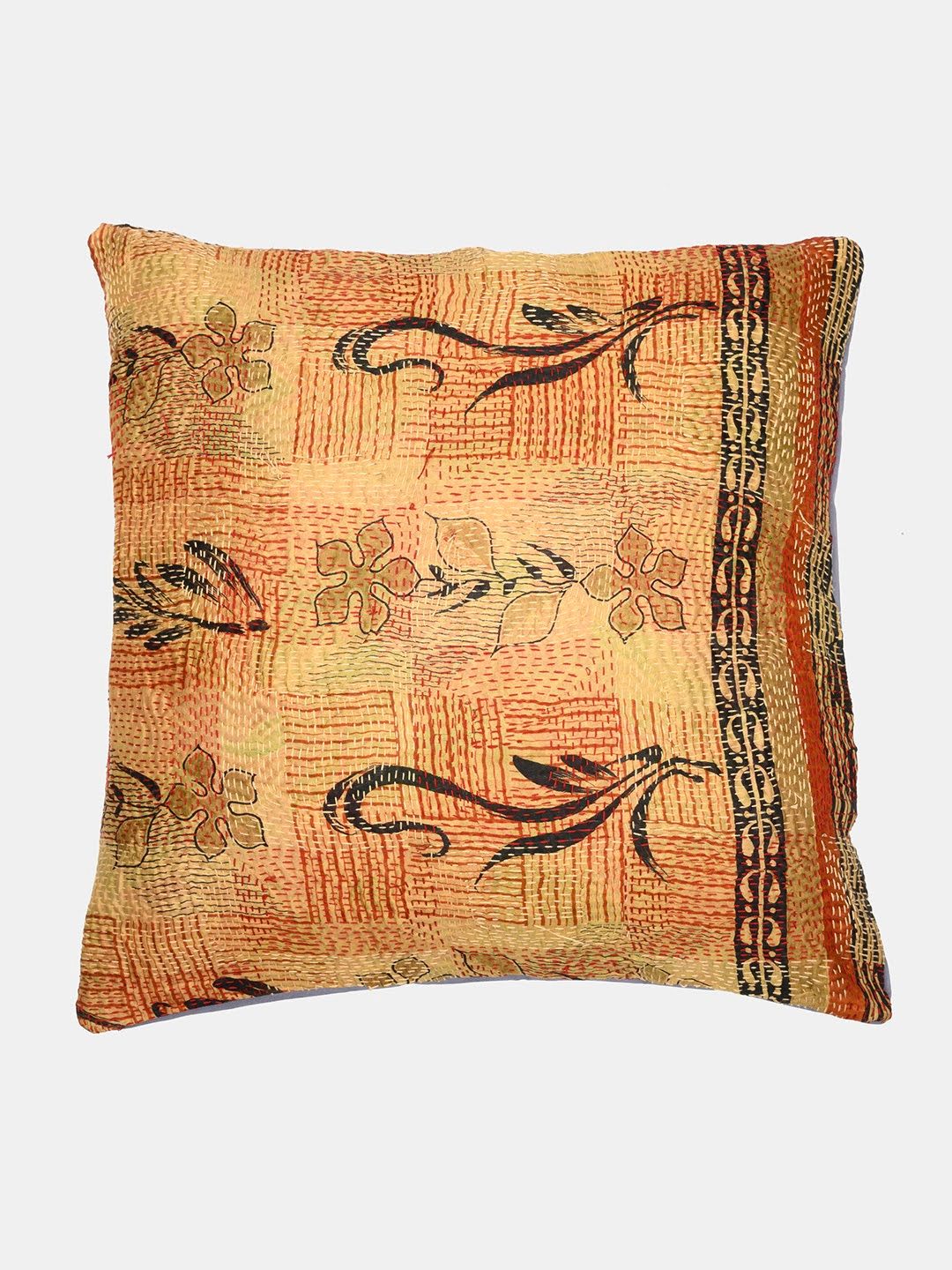 Red Beige Kantha Silk Reversible Cushion Cover - Pack of 1