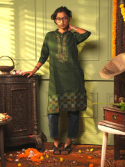 Dark Green Kantha Cotton Kurta