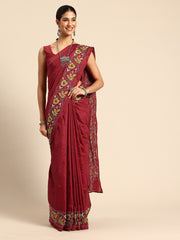 ArtEastri Red Bird Design Artsilk Kantha Saree with Blouse piece